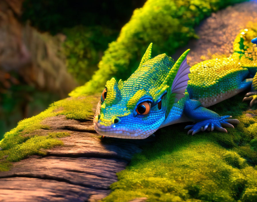 Colorful Toy Dragon Resting on Moss-Covered Log in Sunlit Environment