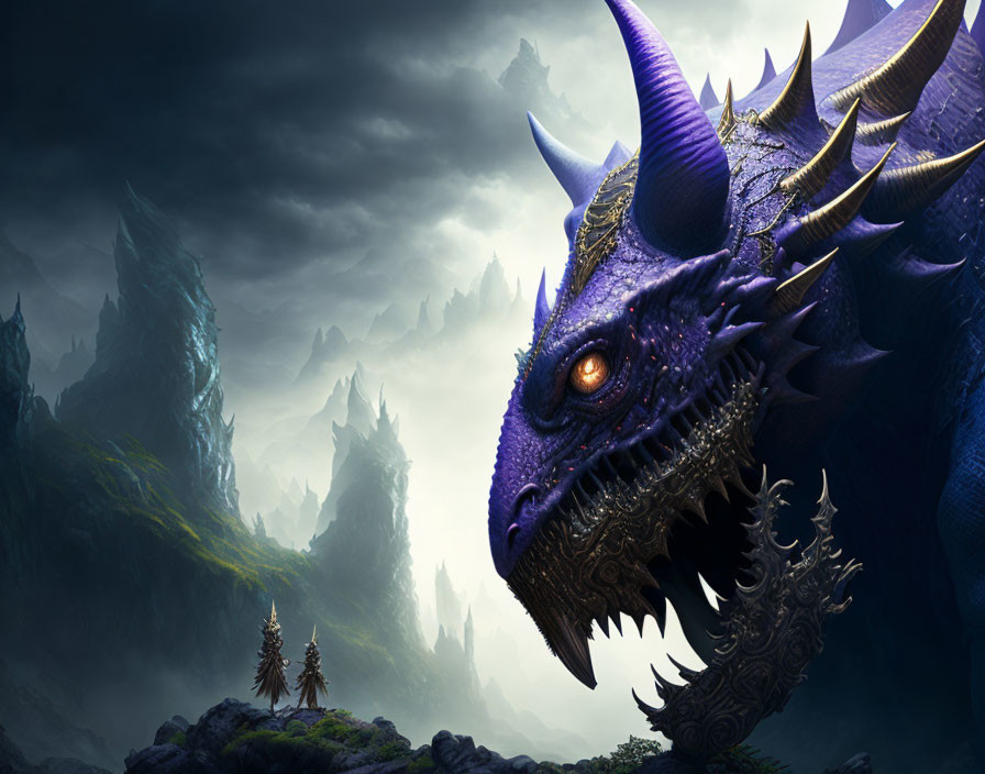 Purple Dragon with Golden Eyes and Sharp Horns in Mountain Landscape