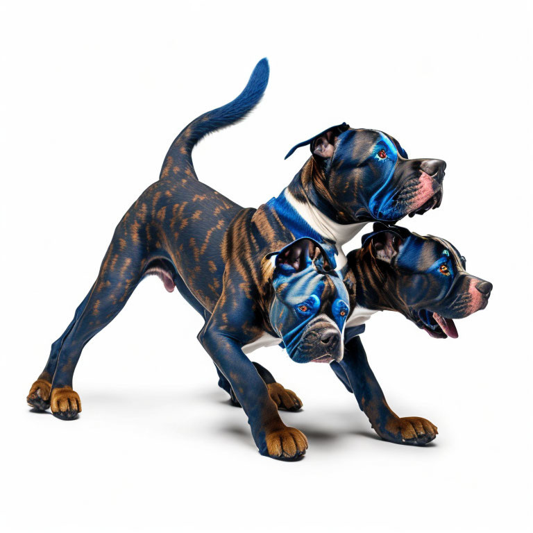 Muscular Three-Headed Dog with Brindle Coat on White Background