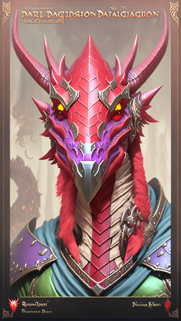Majestic red dragon in armor with golden accents and glowing eyes on fantasy-style card.