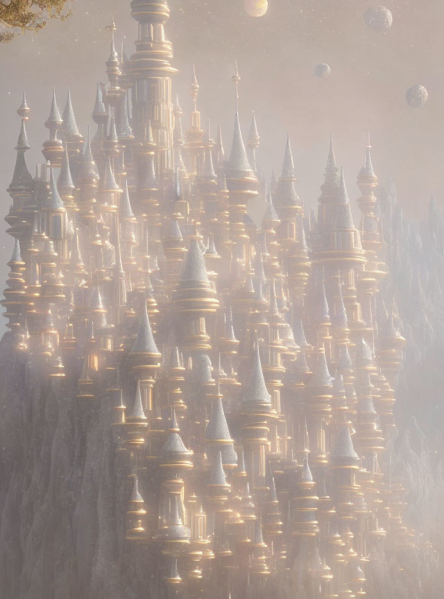 Mystical castle with spires in soft light and floating orbs