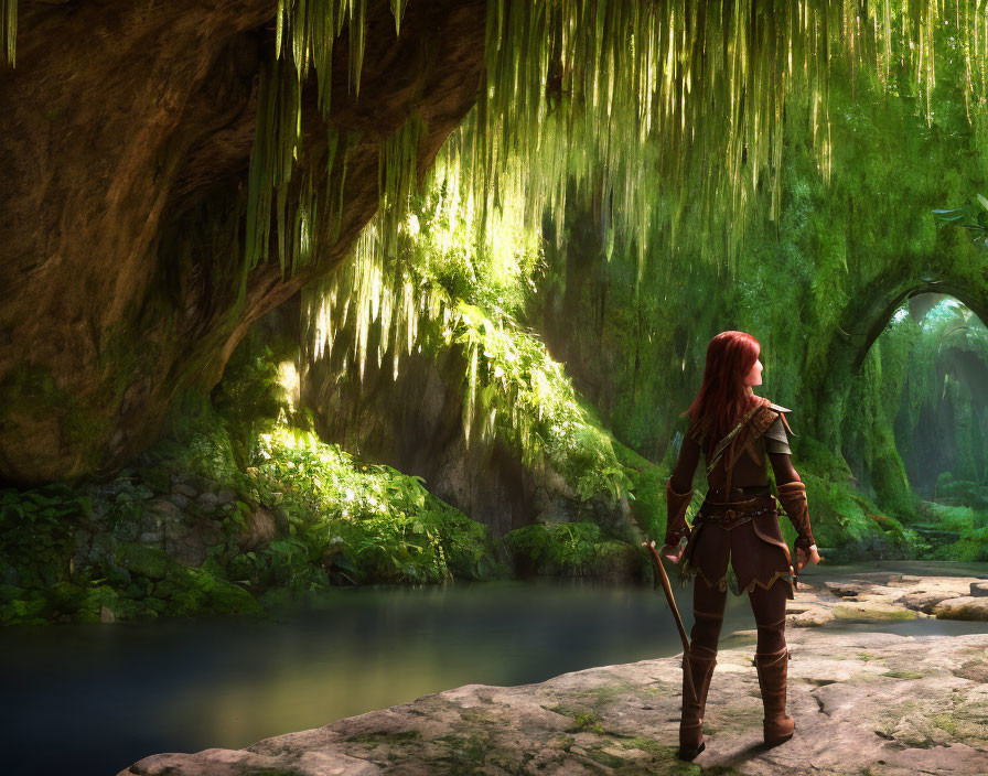 Red-Haired Character in Medieval Attire at Cave Entrance with Lush Greenery and Sunlight Reflection