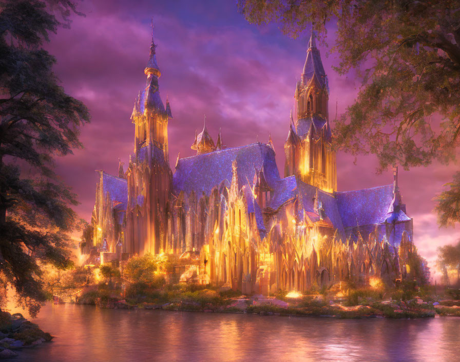 Majestic illuminated castle with gothic architecture reflected in tranquil waters