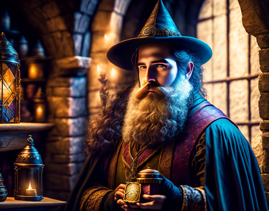 Bearded wizard with staff in stone chamber lit by lantern