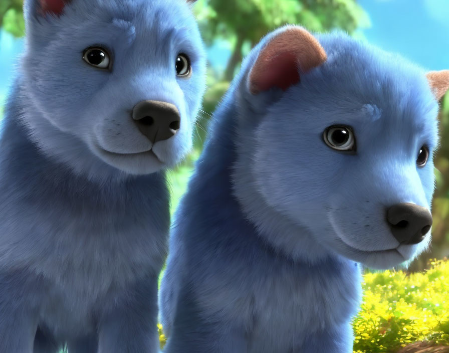 Two curious blue puppies in lush greenery under clear blue sky