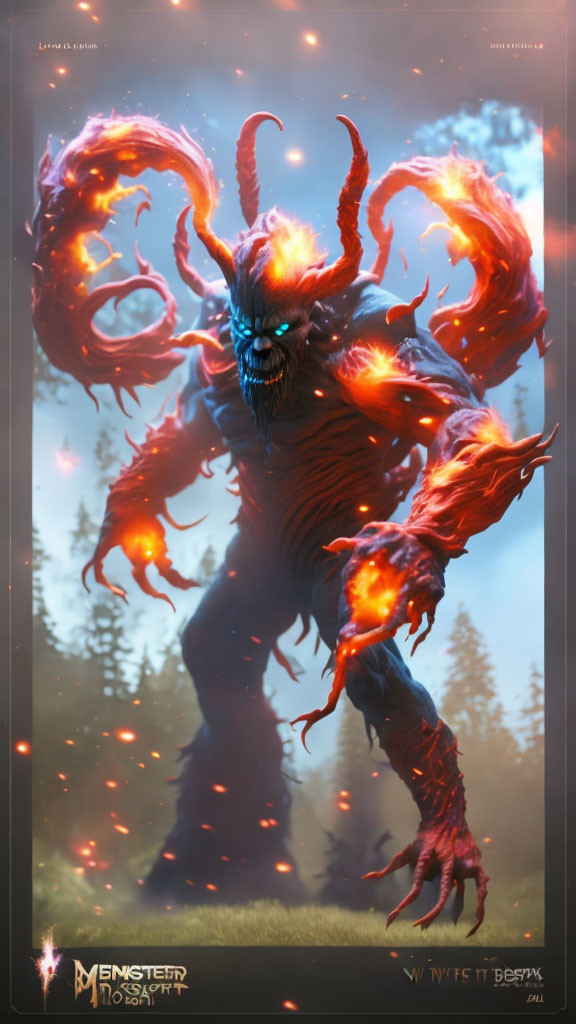 Fiery creature with multiple horns in forest with glowing eyes