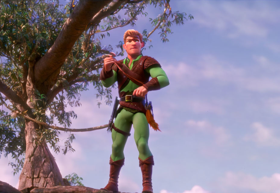 Male character with quiver and bow in forest setting.
