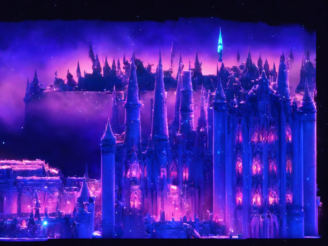 Purple-lit castle with spires and towers under starry sky
