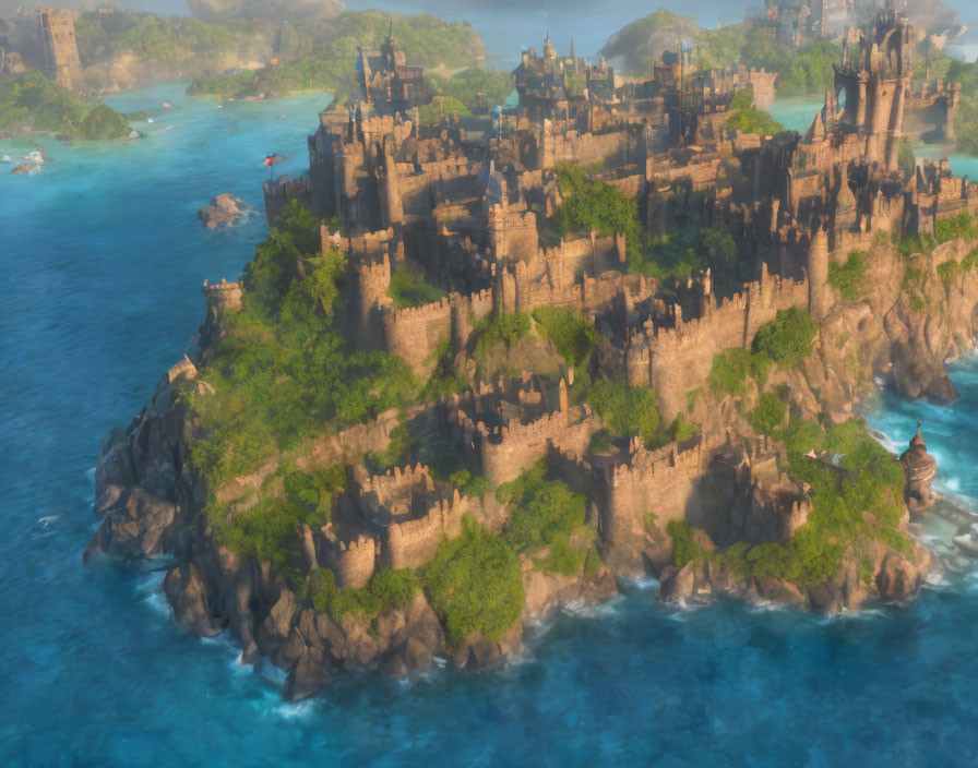 Sunlit castle with towering spires on rugged cliffs by serene sea.