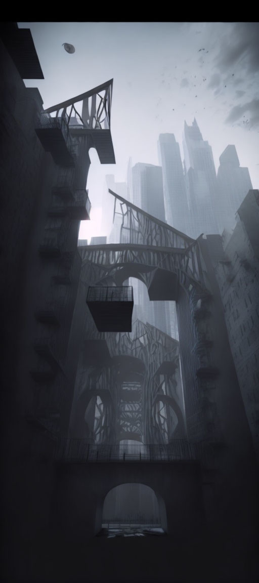 Dimly-lit city alley with fire escapes and fog-shrouded skyscrapers