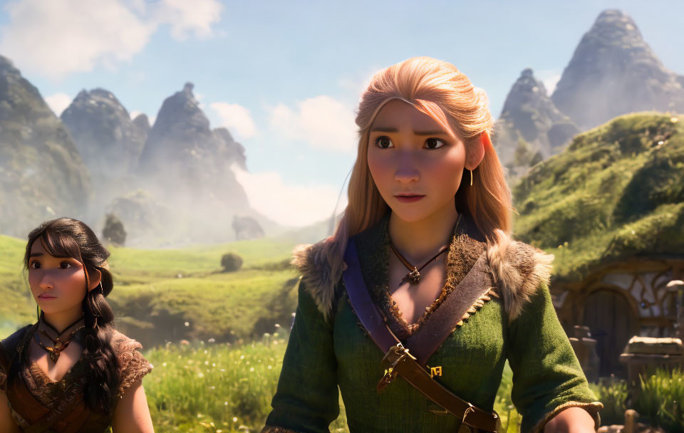 Two female characters in lush green landscape with mountains and cottage.