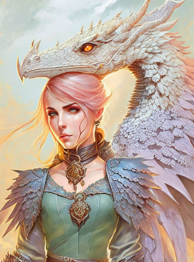 Fantasy Artwork: Woman in Pink Hair & Dragon in Ornate Armor