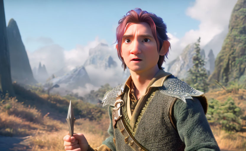 Purple-haired animated character with tiny sword in fantasy landscape.
