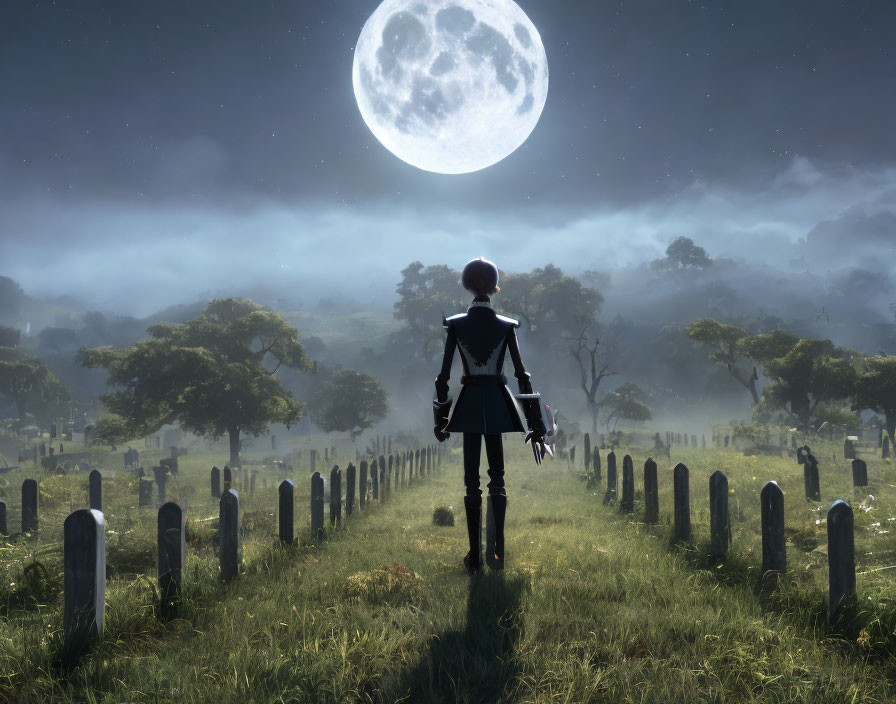 Moonlit cemetery scene with mist, tombstones, and full moon.