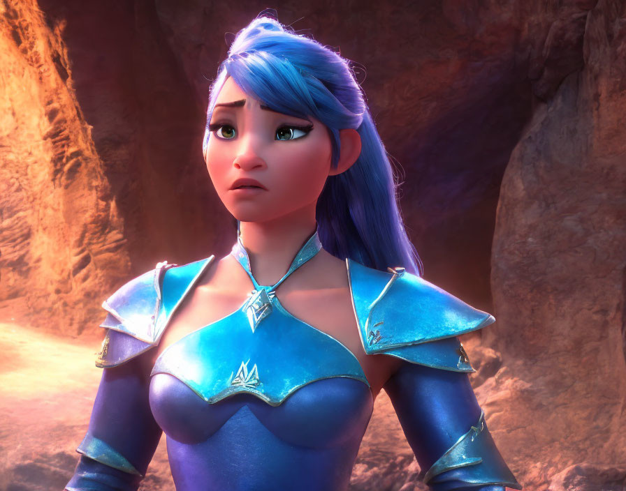 Blue-haired 3D character in ice armor shows emotion in rocky scene