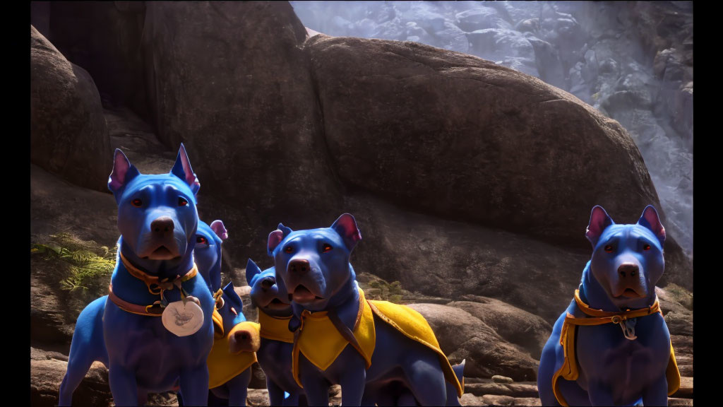 Three animated blue dogs with golden collars and capes in rocky terrain
