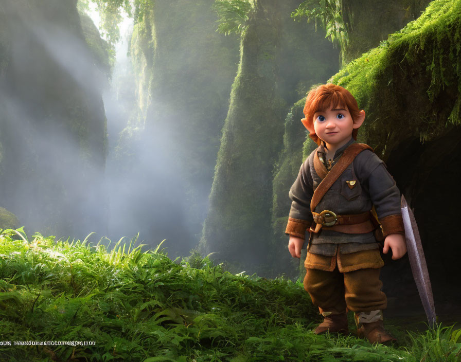 Young fantasy hobbit-like character in lush green forest with mist and light.