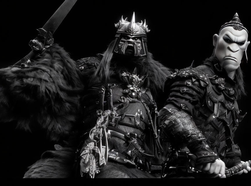 Fantasy figures in black armor with fur accents and drawn sword