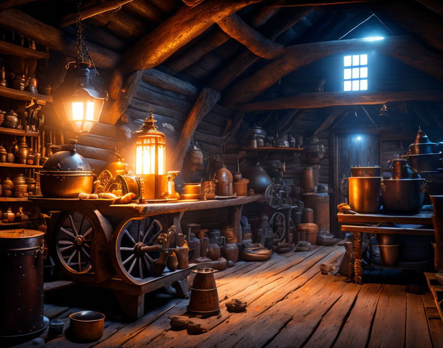 Vintage wooden attic with antique objects, pots, and lanterns