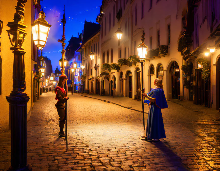 Medieval-themed cobblestone street with vintage lamps and blue lights at night