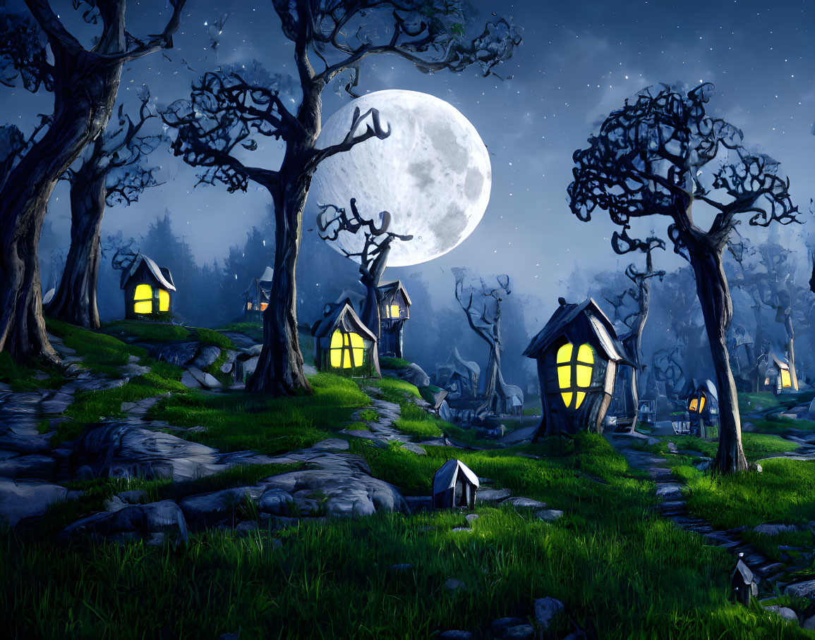 Twisted trees, cozy houses, and bright moon in night landscape