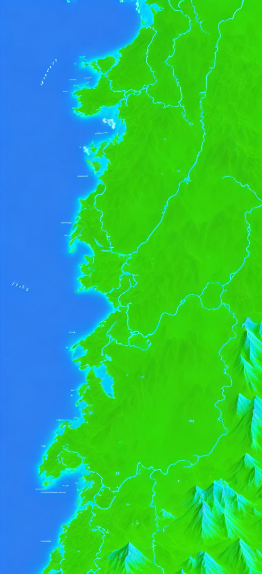 Topographic Map Showing Green Lowlands to Yellow and White High Elevations