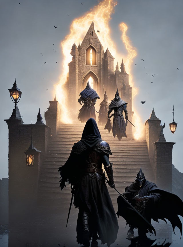 Cloaked figure near flaming castle with levitating figures and birds in dusky sky