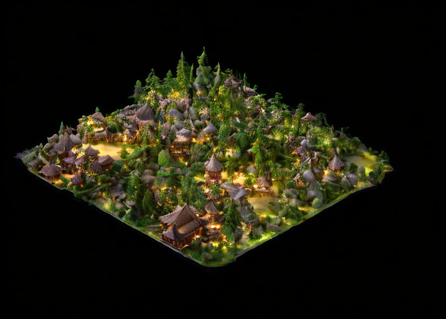 Miniature illuminated floating island with houses, trees, and pathways