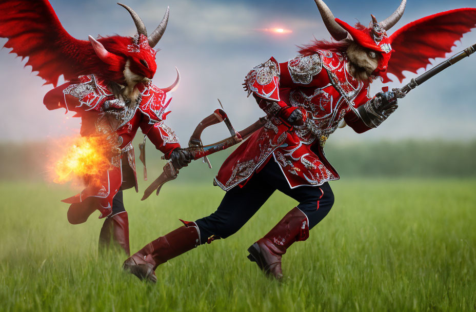 Fantasy battle scene: Two figures in red armor with horned helmets, one with a staff,