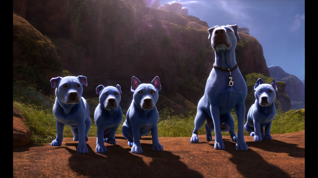 Four Blue Dogs with Various Expressions on Rocky Terrain