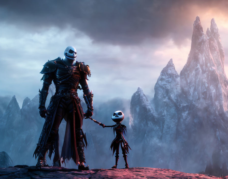 Animated skeletal characters holding hands on cliff with ominous peaks in background
