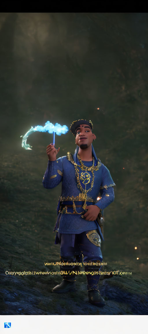 Digital Artwork: Character in Blue and Gold Attire with Glowing Scepter