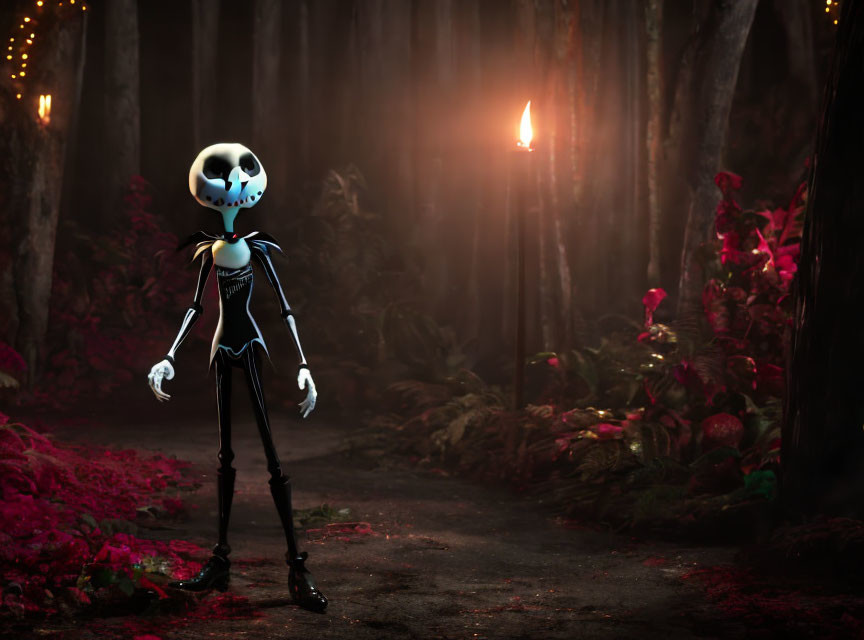 Skeleton-like figure in mystical forest with red foliage and lit candle