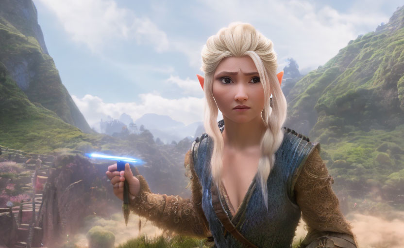 Platinum Blonde Elf Holding Blue Object in Mountain Landscape