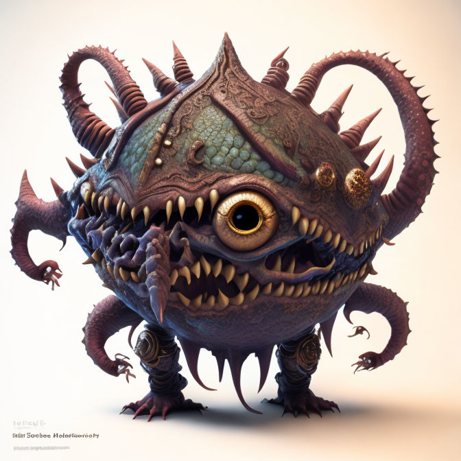Whimsical creature with large eye, horns, teeth, and tentacles illustration
