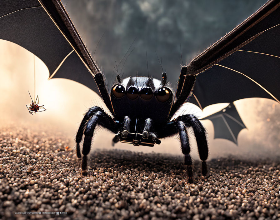 Whimsical spider with bat-like wings and multiple eyes facing tiny flying insect on granular surface with