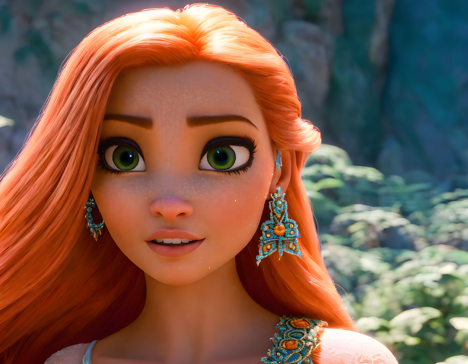 Vibrant animated character with orange hair and turquoise earrings