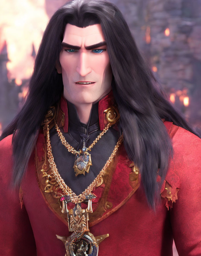 Animated character with long black hair in red coat and ornate necklaces