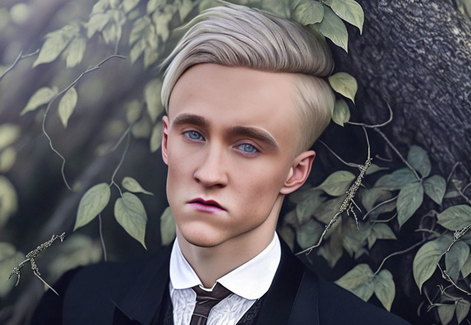 Portrait of Young Man with Platinum Blonde Hair and Blue Eyes in Formal Attire Against Green Leaves