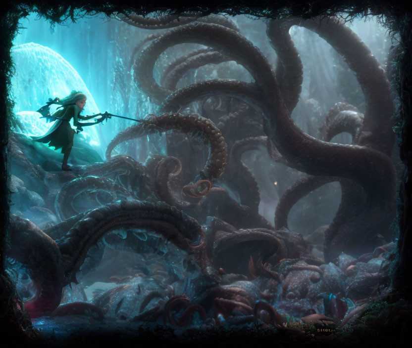 Elf with bow faces massive tentacles in foggy, mystical forest