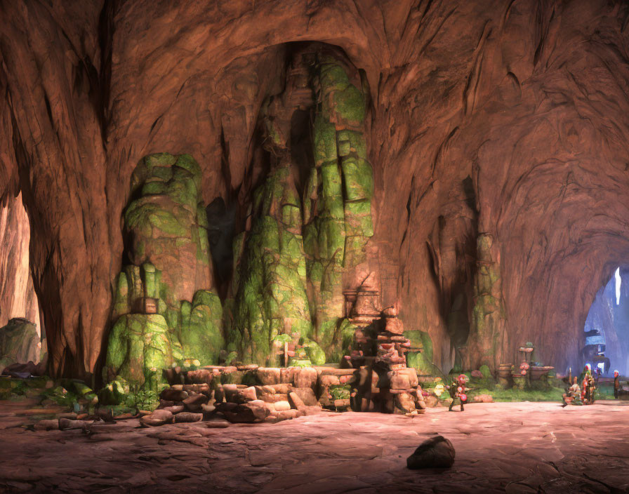 Mystical cave with moss-covered rocks and ancient structures