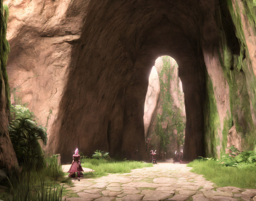 Ethereal cave with stone pathway, lush greenery, and robed figures