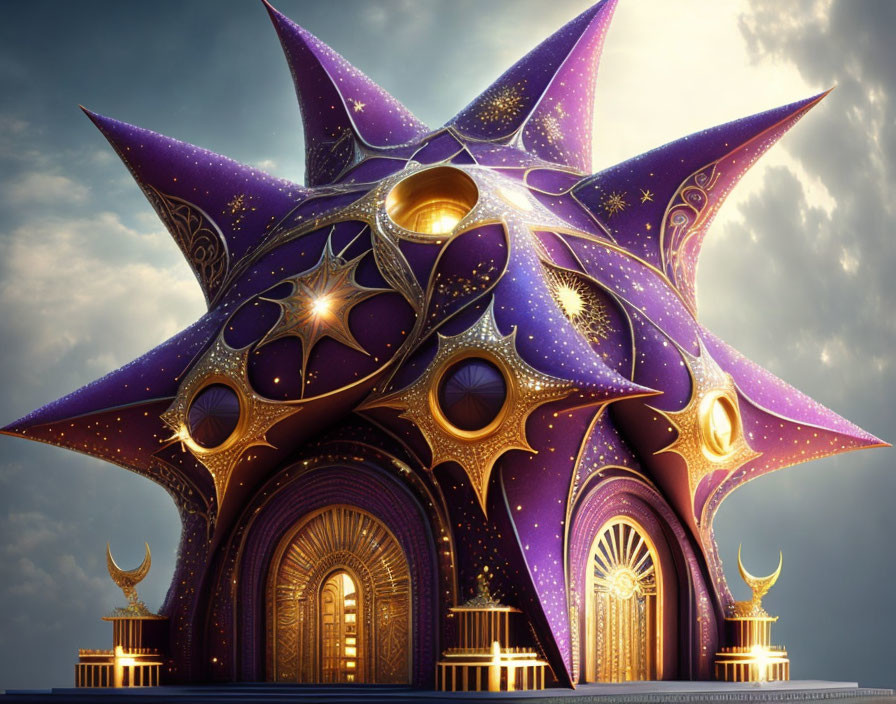 Star-shaped Purple and Gold Building with Ornate Windows on Cloudy Sky Background