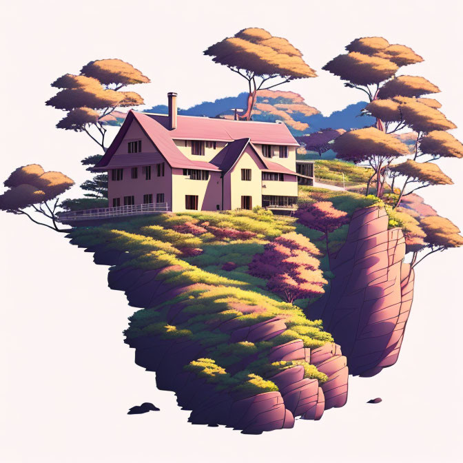 Illustration of floating earth chunk with pink-roofed house and autumn trees