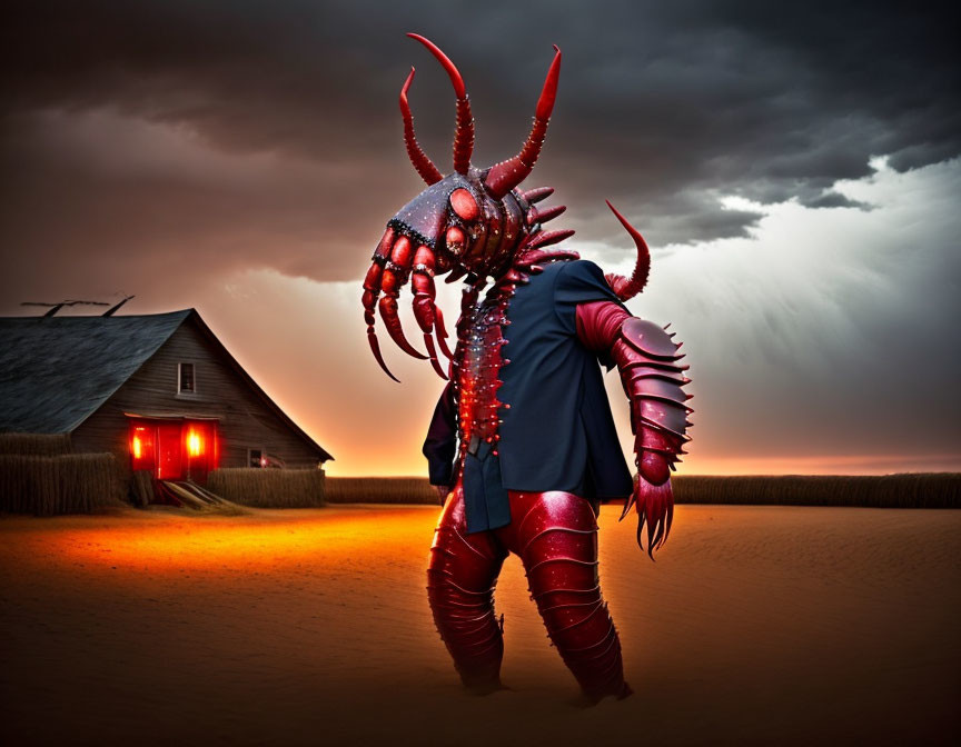 Detailed red crustacean costume in field at dusk with stormy sky and barn