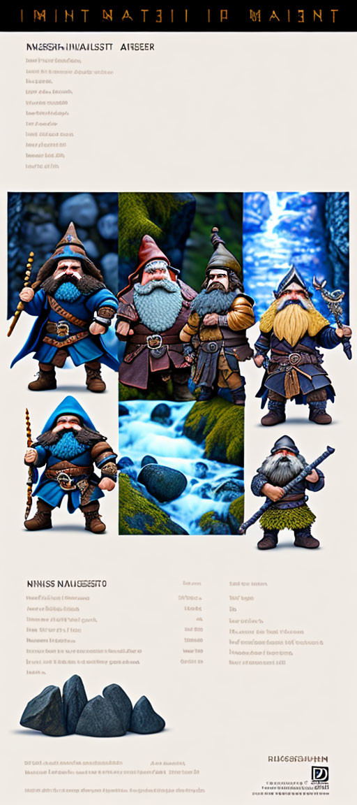 Six detailed fantasy dwarf figurines in various poses against plain and natural stream backdrops.