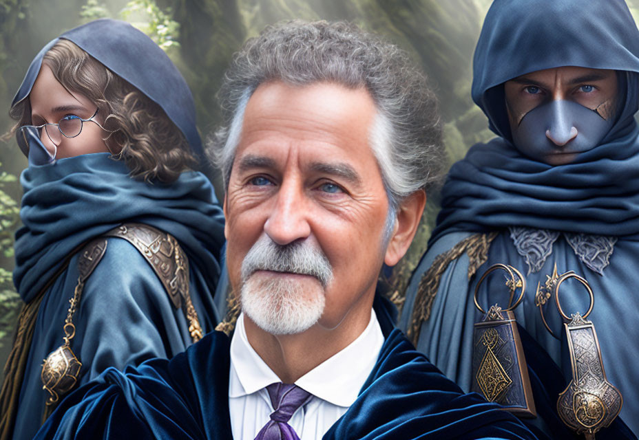 Elderly man with two hooded figures in medieval fantasy clothing in mystical forest.