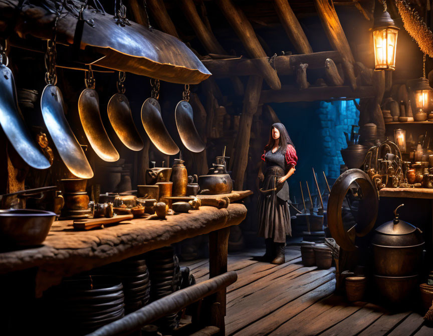 Historical woman in rustic kitchen with wooden furniture and metal cookware