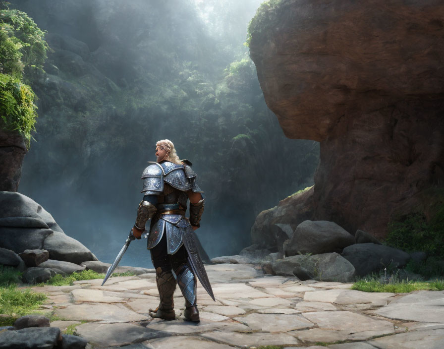 Knight in armor on stone path among verdant cliffs under misty sunlight.