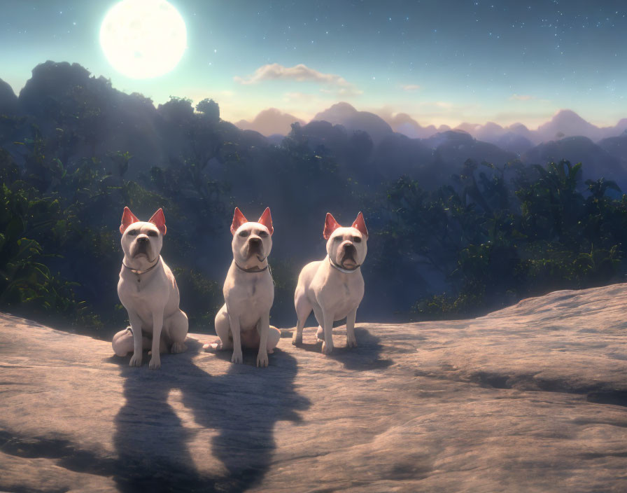 Three animated bulldogs on rocky outcrop under twilight sky